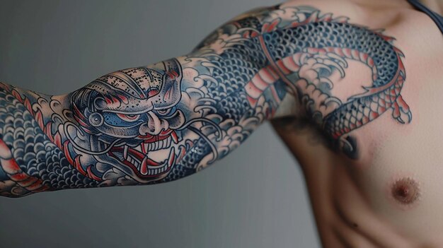 Photo showcasing minimalistic tattoo sleeve of samurai warrior mask and dragon wrapped around arm