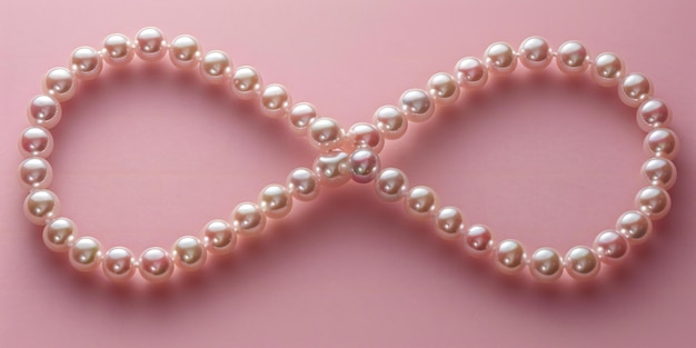 Showcasing a pearl necklace in the shape of an infinity symbol on pink background minimalistic conc