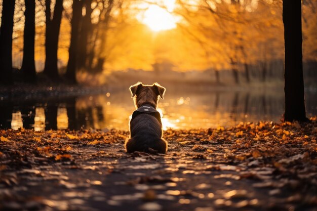 showcasing a pet sitting by a tranquil lake with a backdrop of vibrant autumn foliage Generative AI