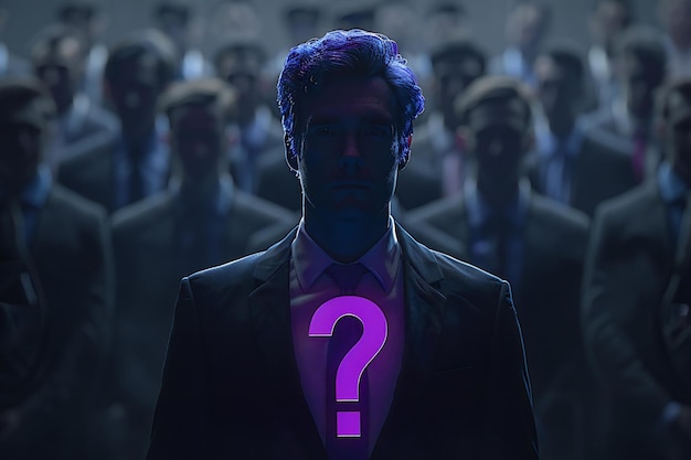 Showcasing silhouette of executive with question mark sign blurred people in background dark grey