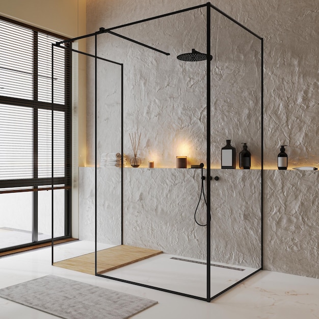 Shower cabin in luxury contemporary bathroom interior with decorative walls and tile floor shelf with cove light and bath accessories 3d rendering