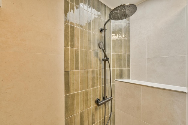 A shower that is very clean and ready to be used in the bathroom or for use as a bathtub