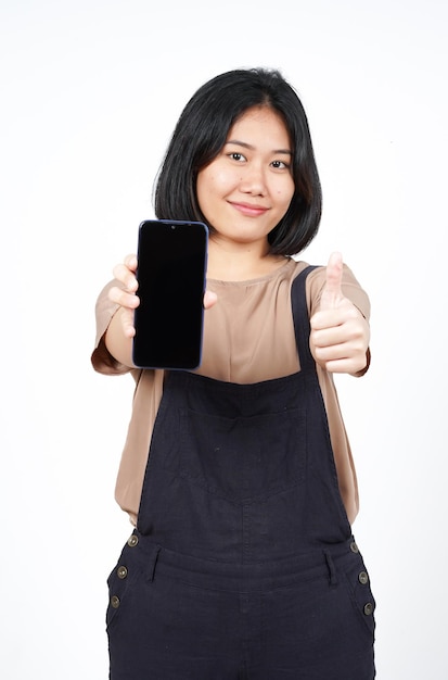 Showing Apps or Ads On Blank Screen Smartphone of Beautiful Asian Woman Isolated On White Background