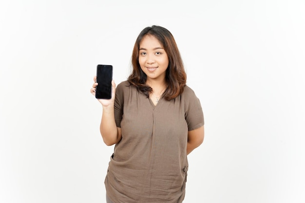 Showing Apps or Ads On Blank Screen Smartphone of Beautiful Asian Woman Isolated On White Background