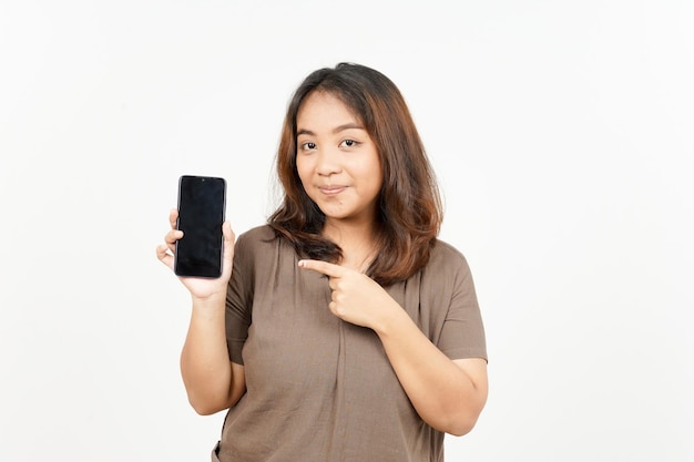 Showing Apps or Ads On Blank Screen Smartphone of Beautiful Asian Woman Isolated On White Background