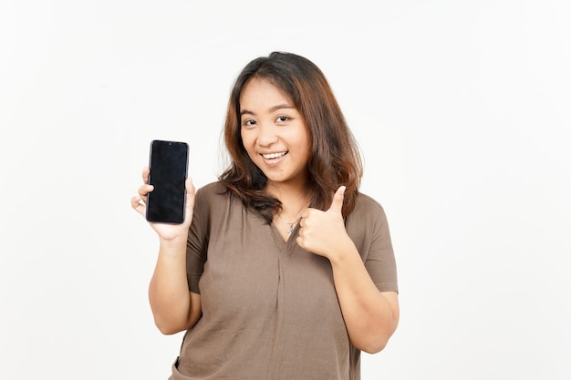 Showing Apps or Ads On Blank Screen Smartphone of Beautiful Asian Woman Isolated On White Background