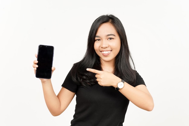 Showing Apps or Ads On Blank Screen Smartphone of Beautiful Asian Woman Isolated On White Background