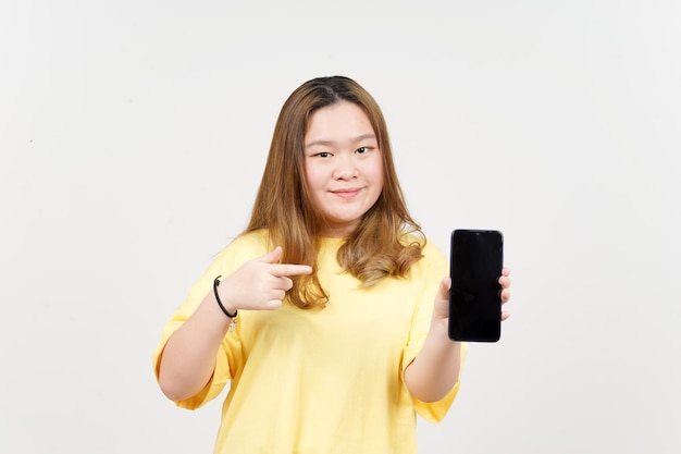 Showing Apps or Ads On Blank Screen Smartphone of Beautiful Asian Woman wearing yellow TShirt