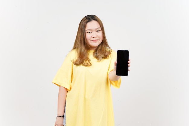 Showing Apps or Ads On Blank Screen Smartphone of Beautiful Asian Woman wearing yellow TShirt