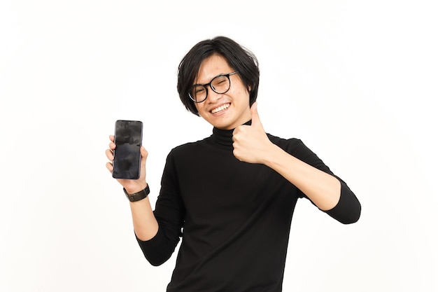 Showing Apps or Ads On Blank Screen Smartphone Of Handsome Asian Man Isolated On White Background