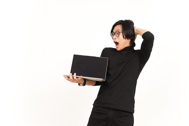 Showing Apps or Ads On Laptop Blank Screen Of Handsome Asian Man Isolated On White Background