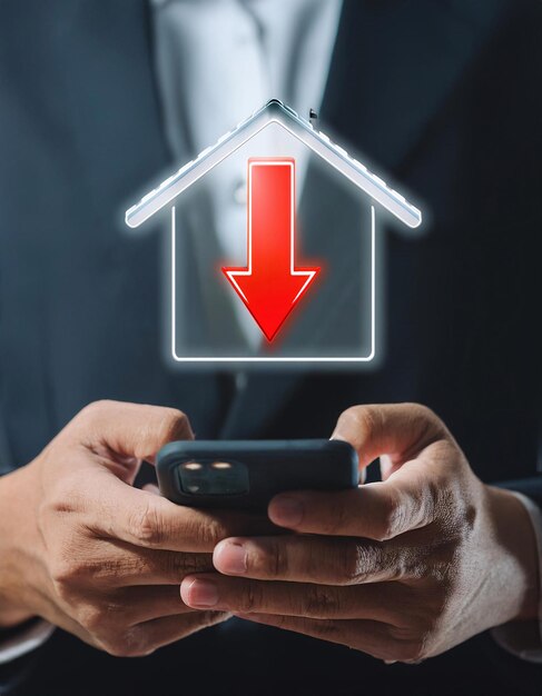 Photo showing a businessman using a smartphone with a virtual house icon and a downward arrow on the scree