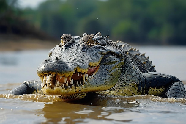 Showing A crocodile with open mouth floating in water