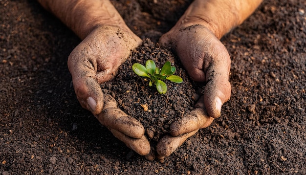 showing dirty hands holding soil with several small leaf plants