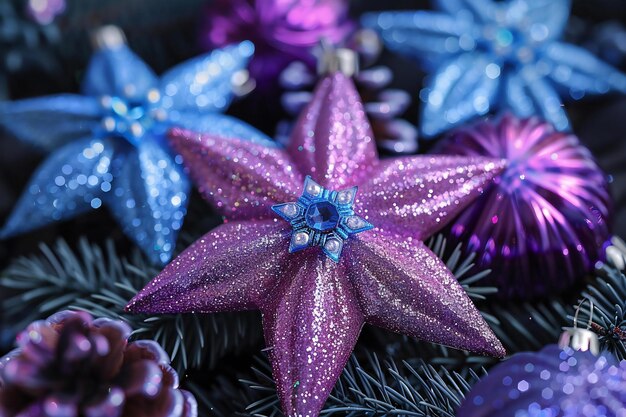 Showing glitter purple and blue stars on black background