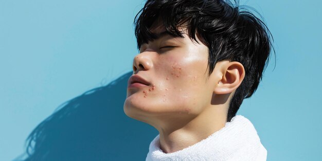 Showing Handsome Asian man with black hair and white towel profile view small red pimples on chin