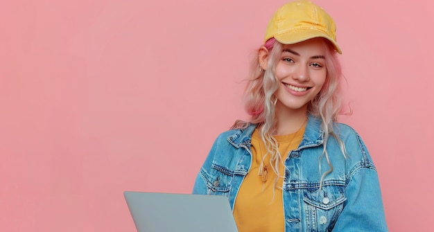 Showing Happy young man in a denim jacket and yellow cap holding a laptop on a pastel background