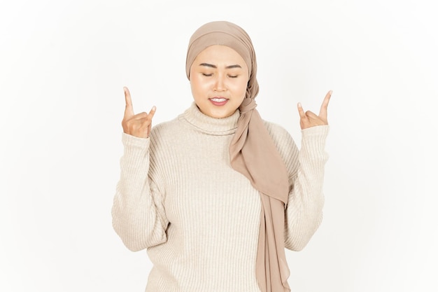 Showing Metal hands of Beautiful Asian Woman Wearing Hijab Isolated On White Background