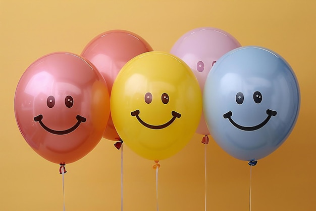 Showing minimalist yellow background with smiley face balloons creating a cheerful and joyful atmos