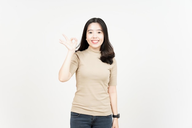 Showing OK Sign Of Beautiful Asian Woman Isolated On White Background