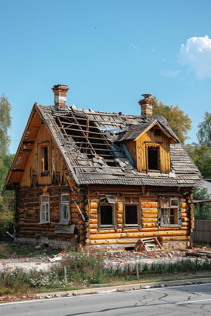 Showing old wooden house with destroyed roof in village home