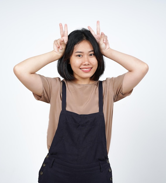 Showing Peace Sign of Beautiful Asian Woman Isolated On White Background