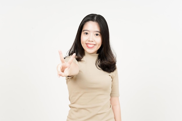 Showing Peace Sign Of Beautiful Asian Woman Isolated On White Background