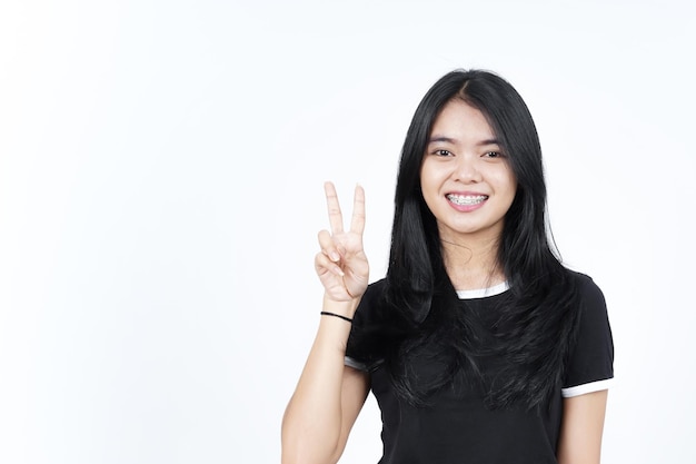 Showing Peace Sign or Finger V Sign Of Beautiful Asian Woman Isolated On White Background