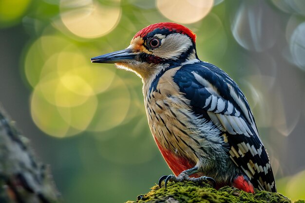 Showing photo of a great spotted woodpecker on an old mossy tree in the forest