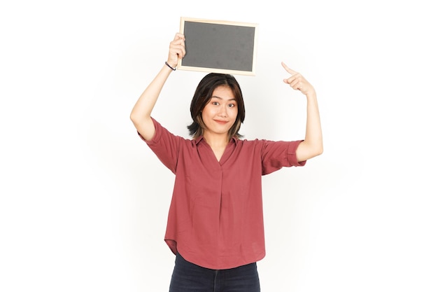 Showing Presenting and holding Blank Blackboard Of Beautiful Asian Woman Isolated On White