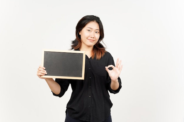 Showing Presenting and holding Blank Blackboard of Beautiful Asian Woman Isolated On White