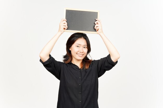 Showing Presenting and holding Blank Blackboard of Beautiful Asian Woman Isolated On White