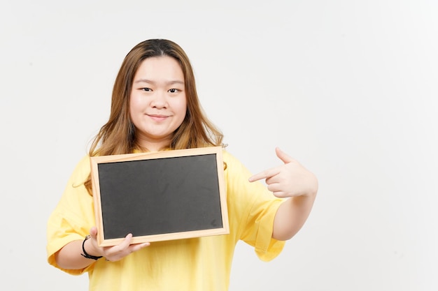 Showing Presenting and holding Blank Blackboard of Beautiful Asian Woman wearing yellow TShirt