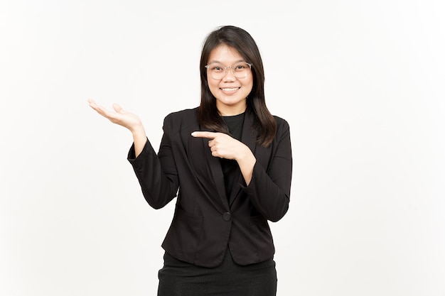 Showing and Presenting Product on Open Palm Of Beautiful Asian Woman Wearing Black Blazer