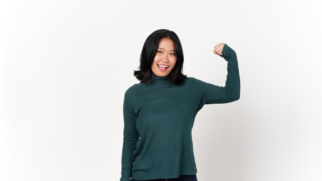 Showing Strength Arms Woman Equals Concept Of Beautiful Asian Woman Isolated On White Background