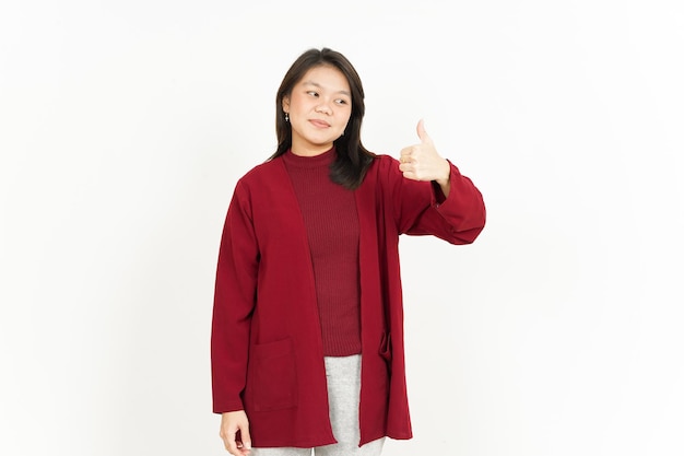 Showing Thumbs Up Of Beautiful Asian Woman Wearing Red Shirt Isolated On White Background