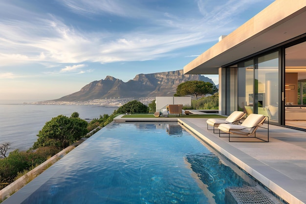 Showing wideangle shot of a modern mansion with an infinity pool in cape town