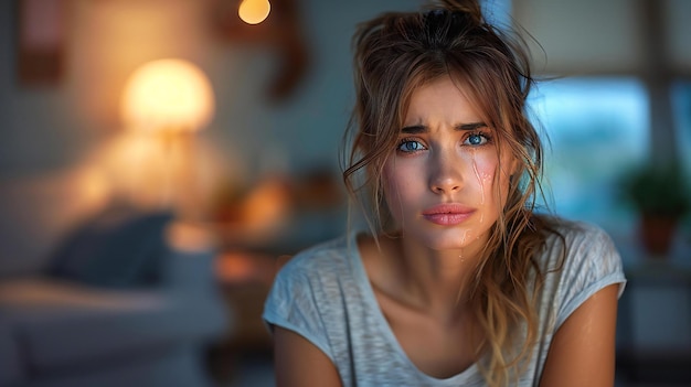 Photo showing young woman feeling desperate and sad wearing tshirt crying in her room cinematic light