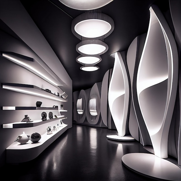 Showroom of products with advanced scifi futuristic interior lighting created with generative ai