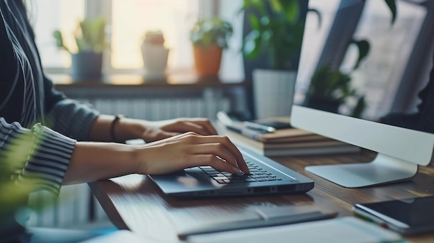 Shows female hands typing on a laptop keyboard in an office setting