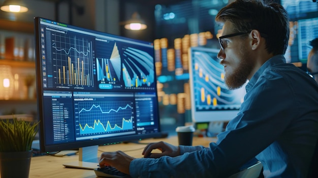 Shows a financier working on a personal computer displaying statistics graphs