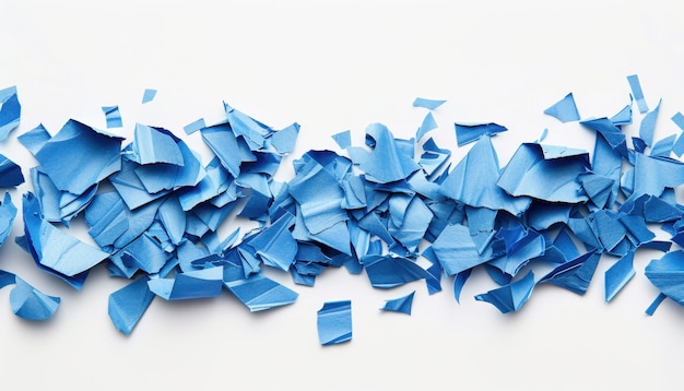 Photo shredded blue paper fragments scattered on a white surface for artistic background use