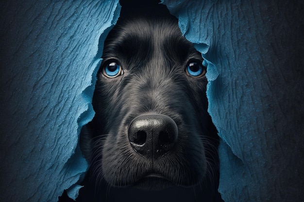 A shredded and crumpled blue paper poster has a weird hole in it where a wet black dogs nose protrudes