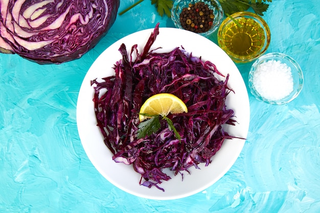 Shredded red cabbage in bowl