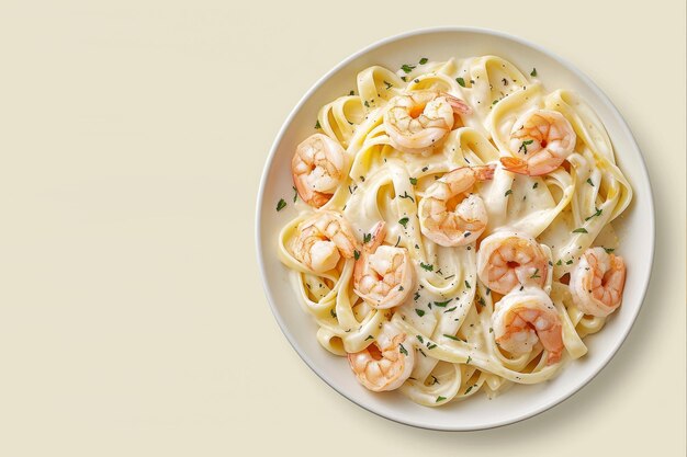 Shrimp Alfredo Fettuccine Fettuccine pasta with a creamy Alfredo sauce Light yellow background