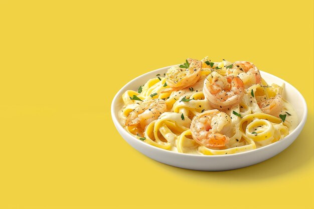 Shrimp Alfredo Fettuccine Fettuccine pasta with a creamy Alfredo sauce Light yellow background