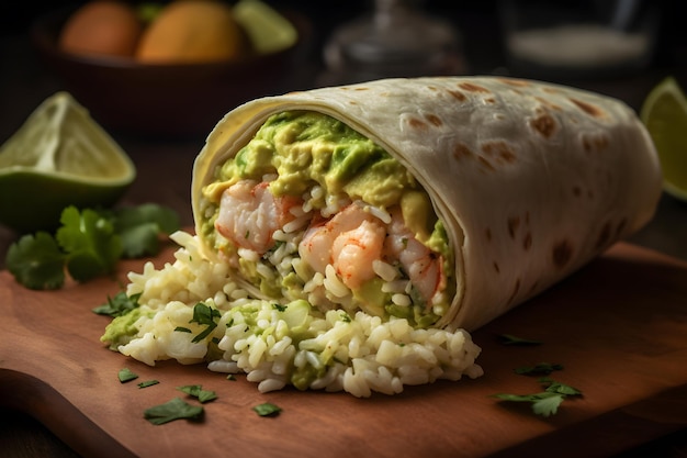 A shrimp burrito with rice and avocado on a wooden board.