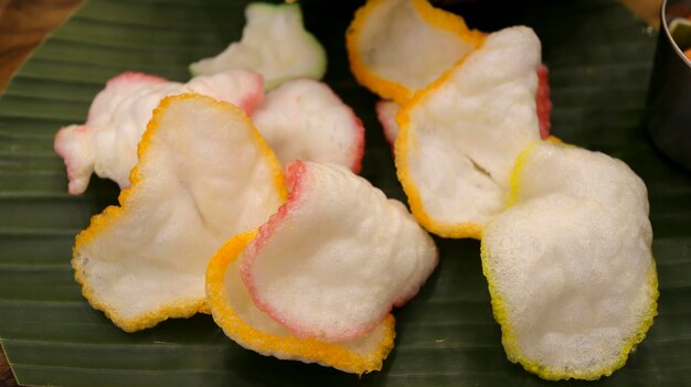 Shrimp crisp or prawn chips or traditional fish crackers from asia Indonesian food called Kerupuk