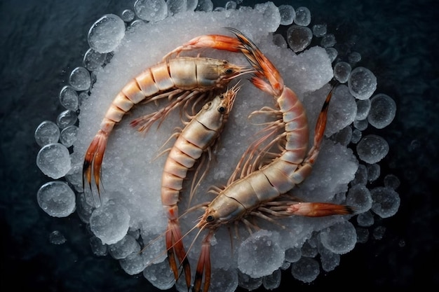 shrimp on ice top view with dark background