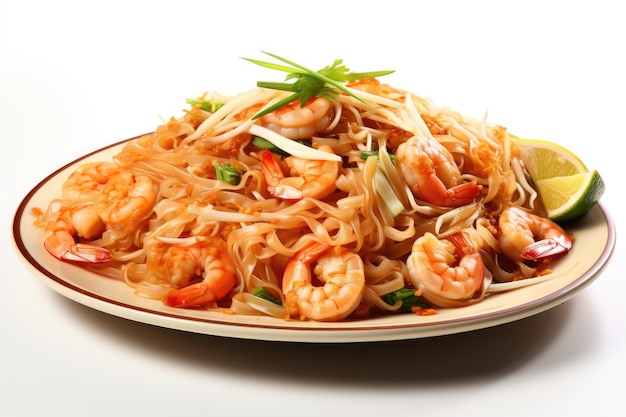 Shrimp and Noodle Salad With Lime Wedge A plate of shrimp and noodle salad is garnished